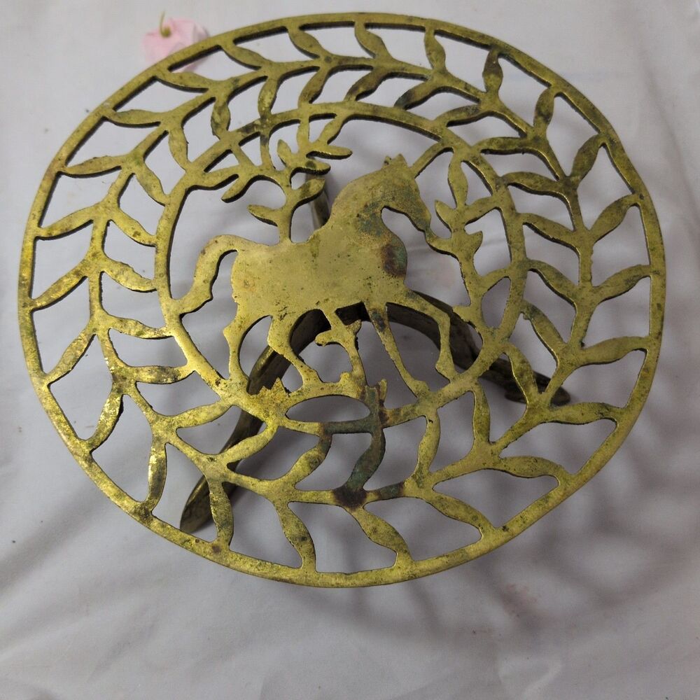 Vintage Brass Horse Trivet, Plant Stand, Solid Brass 3-Legged Equestrian